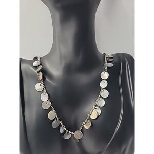 Vintage Cookie Lee Iridescent Disc Necklace Silver Tone Mother of Pearl Jewelry